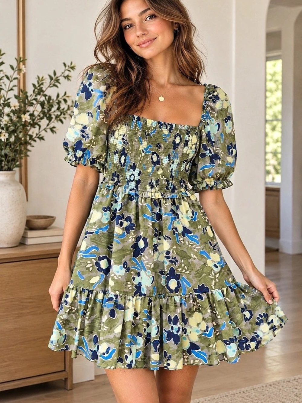 Aritzia Wilfred Floral Smocked Mini Dress S Puff Sleeve Cottagecore Green